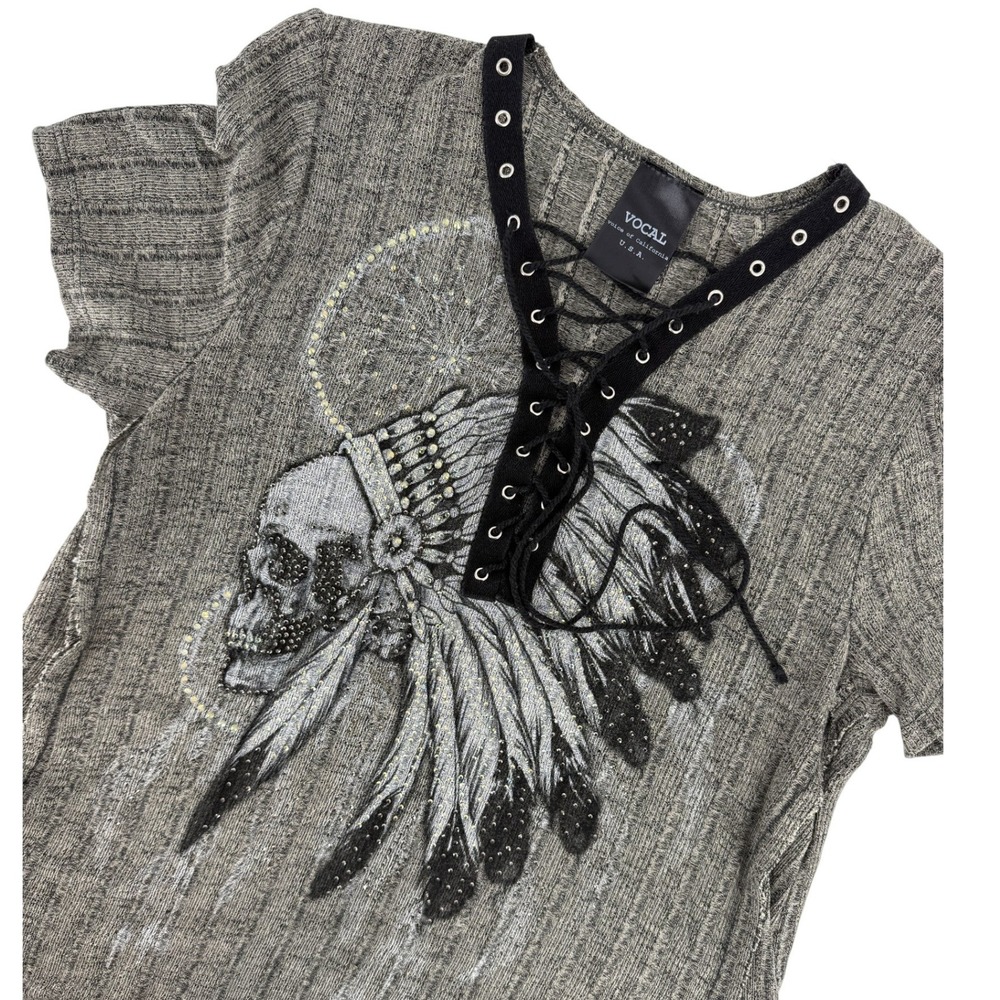 Vocal Y2K Native American Skull Headress Rhinestone Lace Up Ribbed Biker Grunge